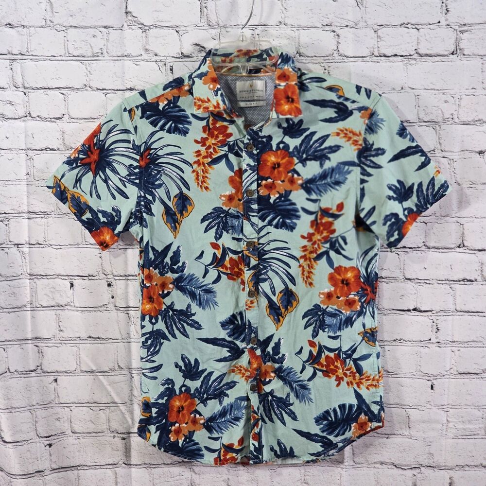 Denim & Flower 1942 Men's Small Slim Fit Floral Short Sleeve Button Up Shirt